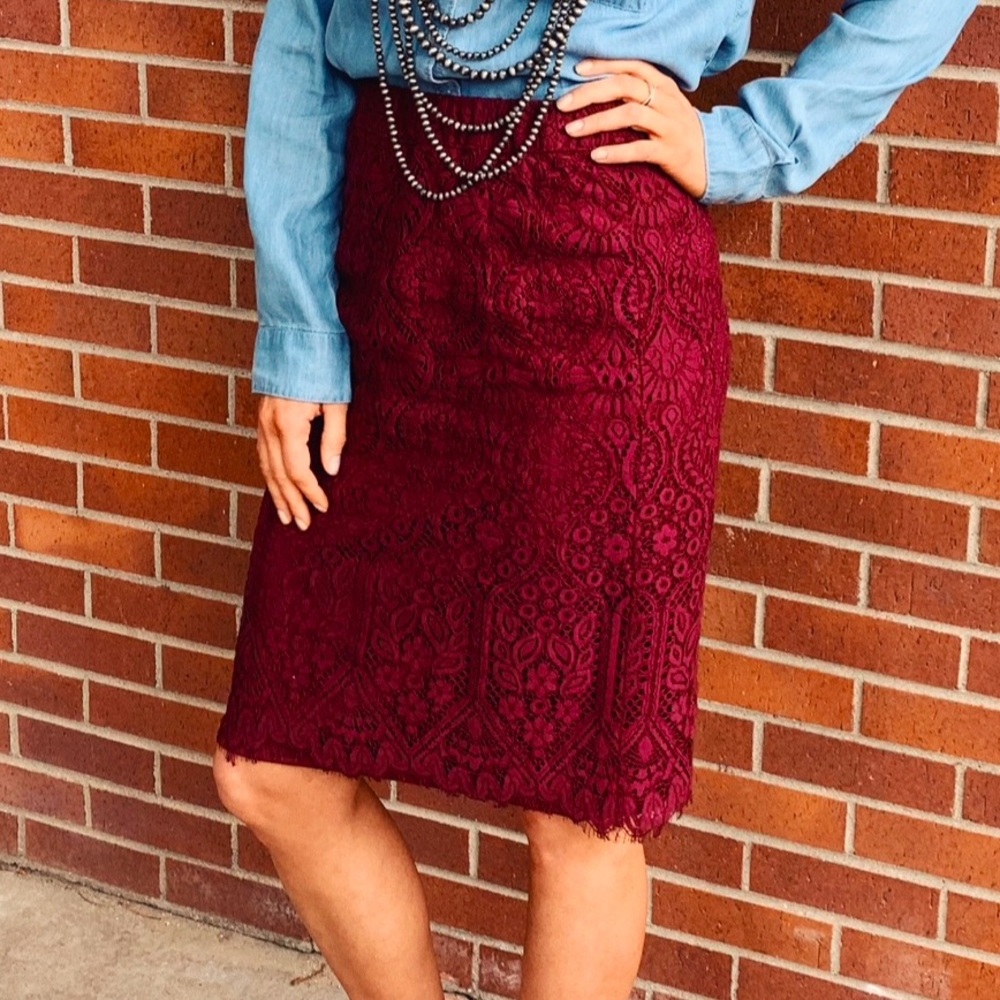 Maroon Lace Pencil Skirt